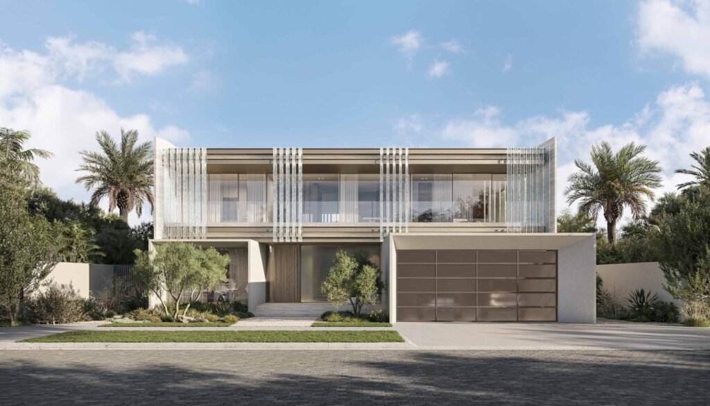Street view of a contemporary Eden Hills Dubai villa front with horizontal screen elements, integrated garage, and low-maintenance landscaping.